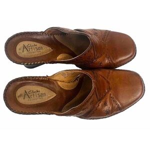 CLARKS Artisan Brown Leather Wedge Clog Mules Shoes Woman’s Size 9